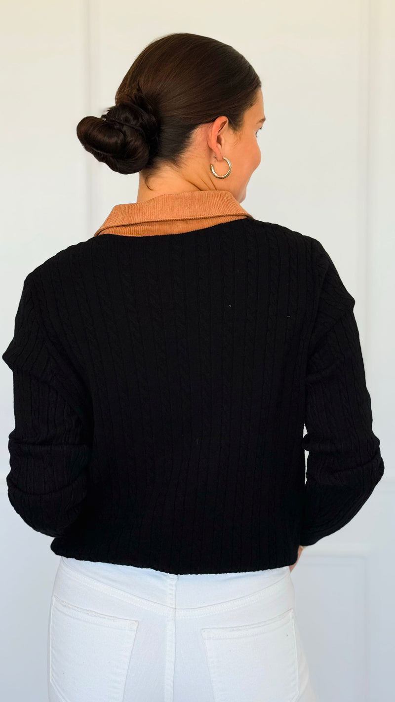 Cable Stitch Italian Button Cardigan- Black-170 Bottoms-Italianissimo-Coastal Bloom Boutique, find the trendiest versions of the popular styles and looks Located in Indialantic, FL