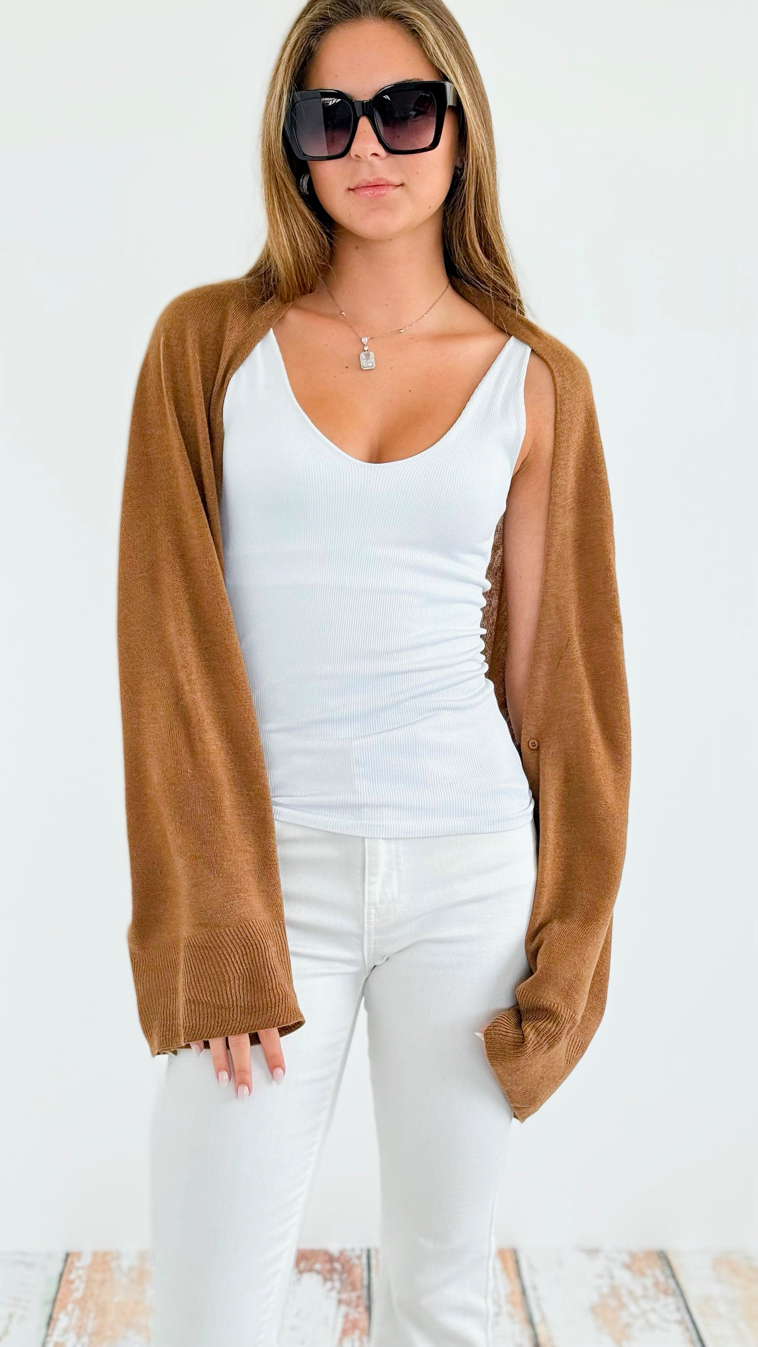 Solid V-Neck with Buttons Poncho - Khaki-150 Cardigans/Layers-NYW-Coastal Bloom Boutique, find the trendiest versions of the popular styles and looks Located in Indialantic, FL