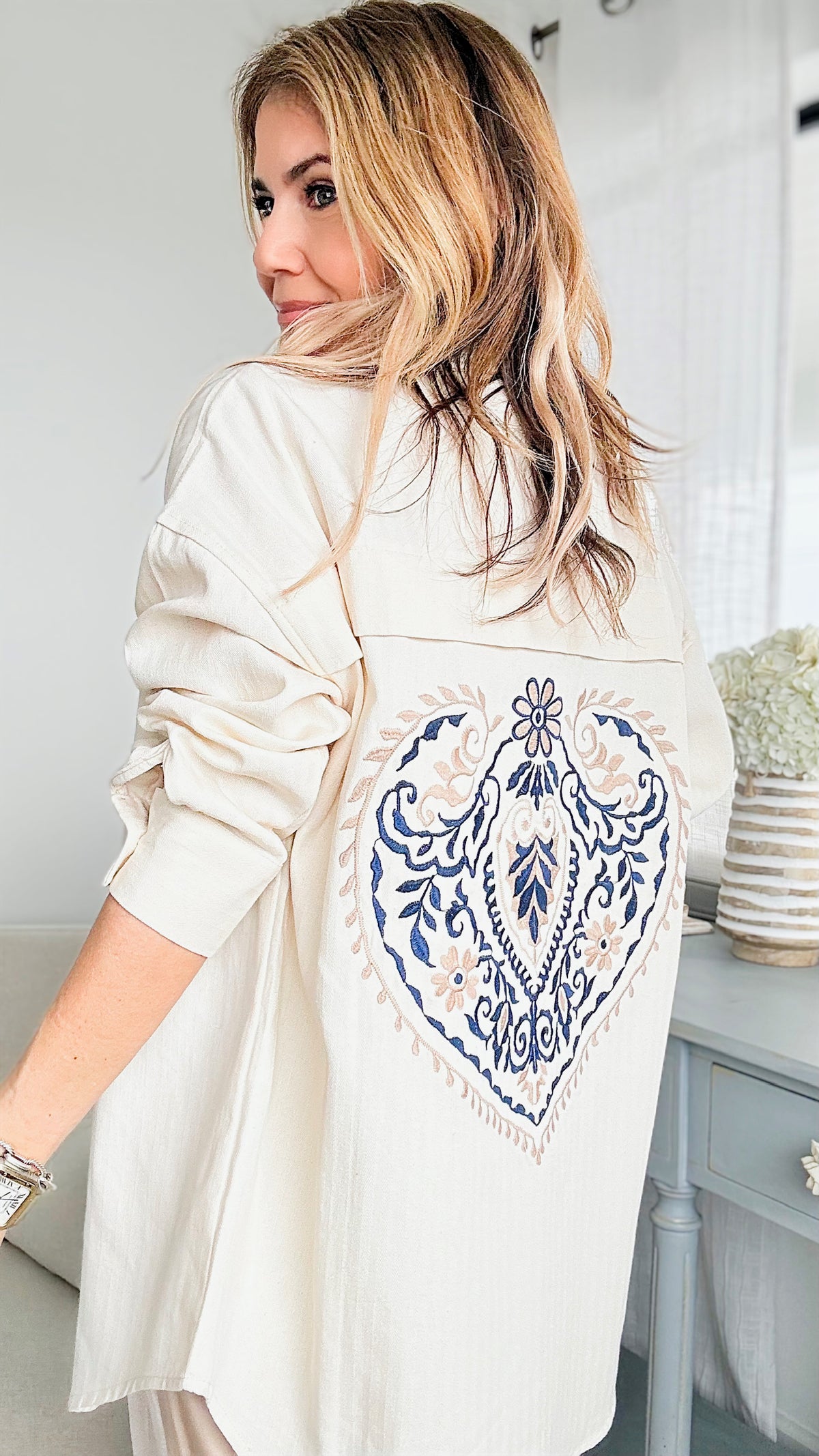Back Embroidered Relaxed Button Down Top-130 Long Sleeve Tops-TOUCHE PRIVE-Coastal Bloom Boutique, find the trendiest versions of the popular styles and looks Located in Indialantic, FL