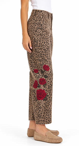 Rose Embroidered Leopard Barrel Pants
