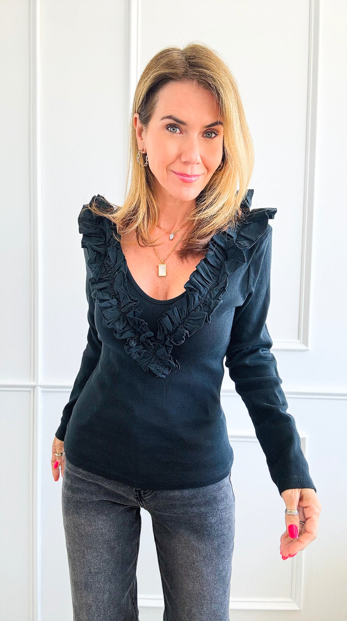 Whimsical Ruffle Italian Pullover- Black-100 Sleeveless Tops-Italianissimo-Coastal Bloom Boutique, find the trendiest versions of the popular styles and looks Located in Indialantic, FL