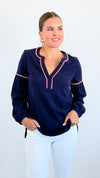 Tassel Contrast Cotton Tunic - Navy-130 Long Sleeve Tops-ARYEH-Coastal Bloom Boutique, find the trendiest versions of the popular styles and looks Located in Indialantic, FL