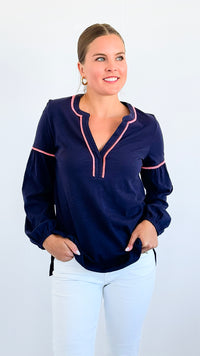 Tassel Contrast Cotton Tunic - Navy-130 Long Sleeve Tops-ARYEH-Coastal Bloom Boutique, find the trendiest versions of the popular styles and looks Located in Indialantic, FL
