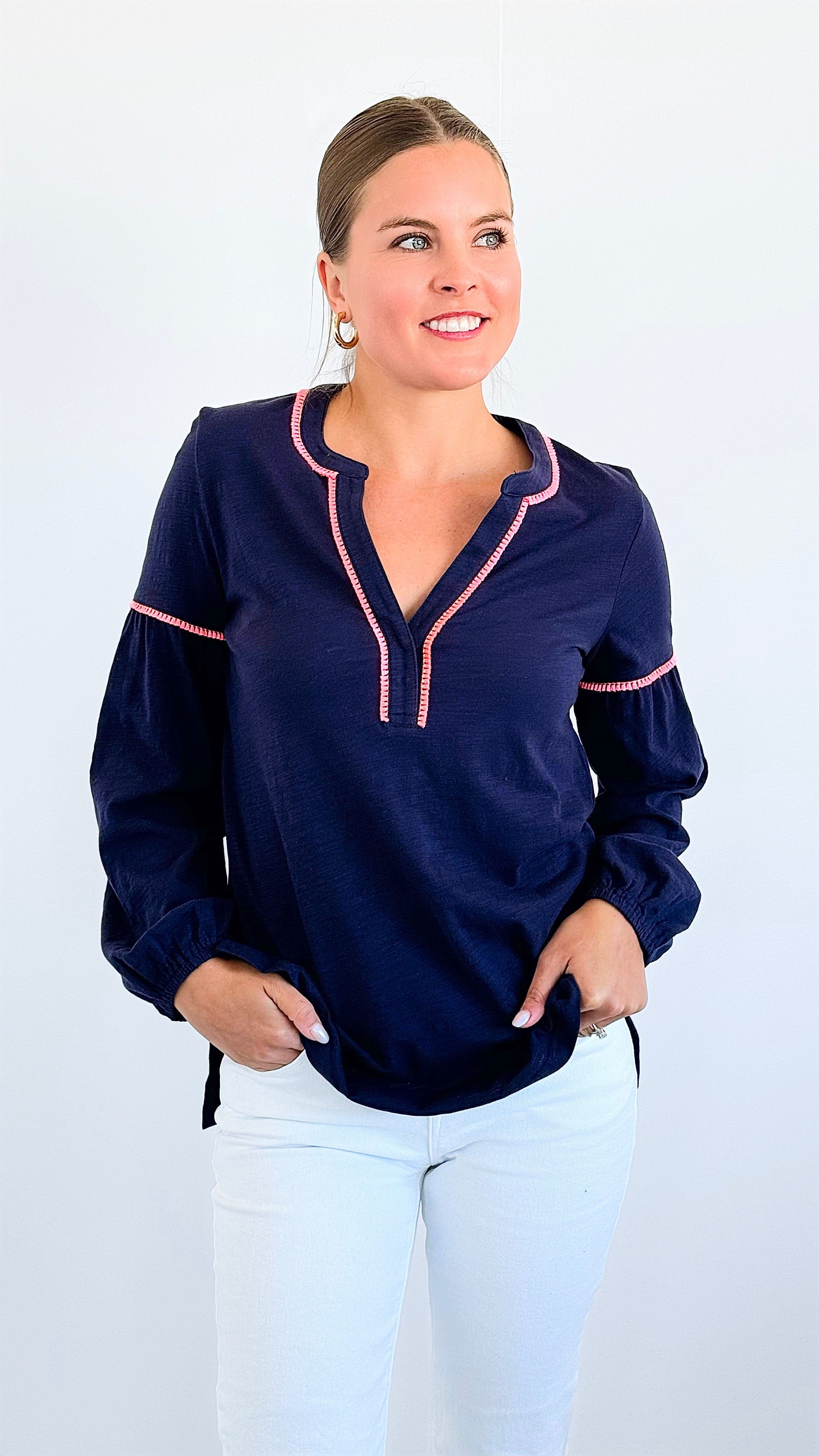 Tassel Contrast Cotton Tunic - Navy-130 Long Sleeve Tops-ARYEH-Coastal Bloom Boutique, find the trendiest versions of the popular styles and looks Located in Indialantic, FL
