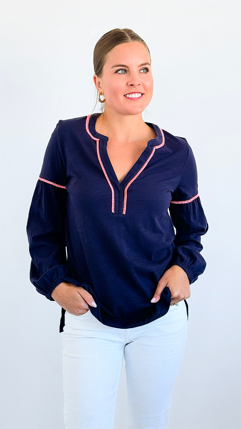 Tassel Contrast Cotton Tunic - Navy-130 Long Sleeve Tops-ARYEH-Coastal Bloom Boutique, find the trendiest versions of the popular styles and looks Located in Indialantic, FL
