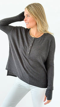 Button-Front Waffle Knit Top - Black-110 Long Sleeve Tops-Zenana-Coastal Bloom Boutique, find the trendiest versions of the popular styles and looks Located in Indialantic, FL