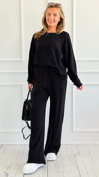 Relax Mode Long Sleeve Slub Knit Set -Black-210 Loungewear/Sets-Zenana-Coastal Bloom Boutique, find the trendiest versions of the popular styles and looks Located in Indialantic, FL