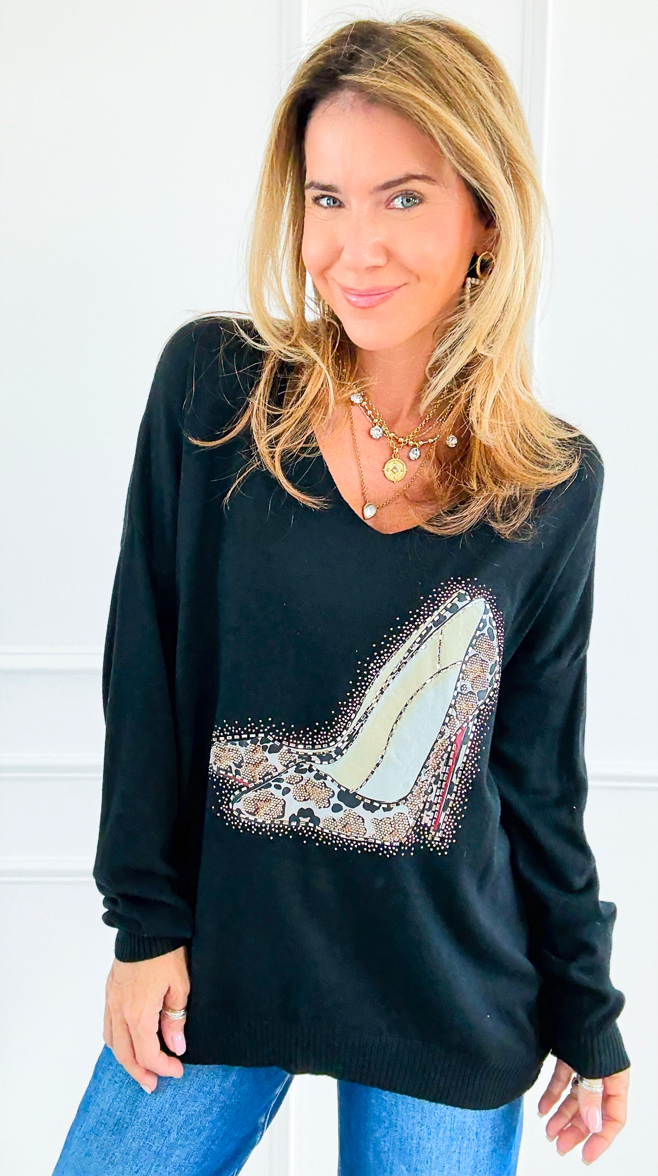 Studded Stilettos Italian Sweater-140 Sweaters-CRIS S.R.L.-Coastal Bloom Boutique, find the trendiest versions of the popular styles and looks Located in Indialantic, FL