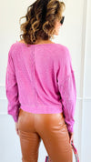 Waffle Knit Cropped Lounge Top - New Orchid-110 Long Sleeve Tops-MONO B-Coastal Bloom Boutique, find the trendiest versions of the popular styles and looks Located in Indialantic, FL