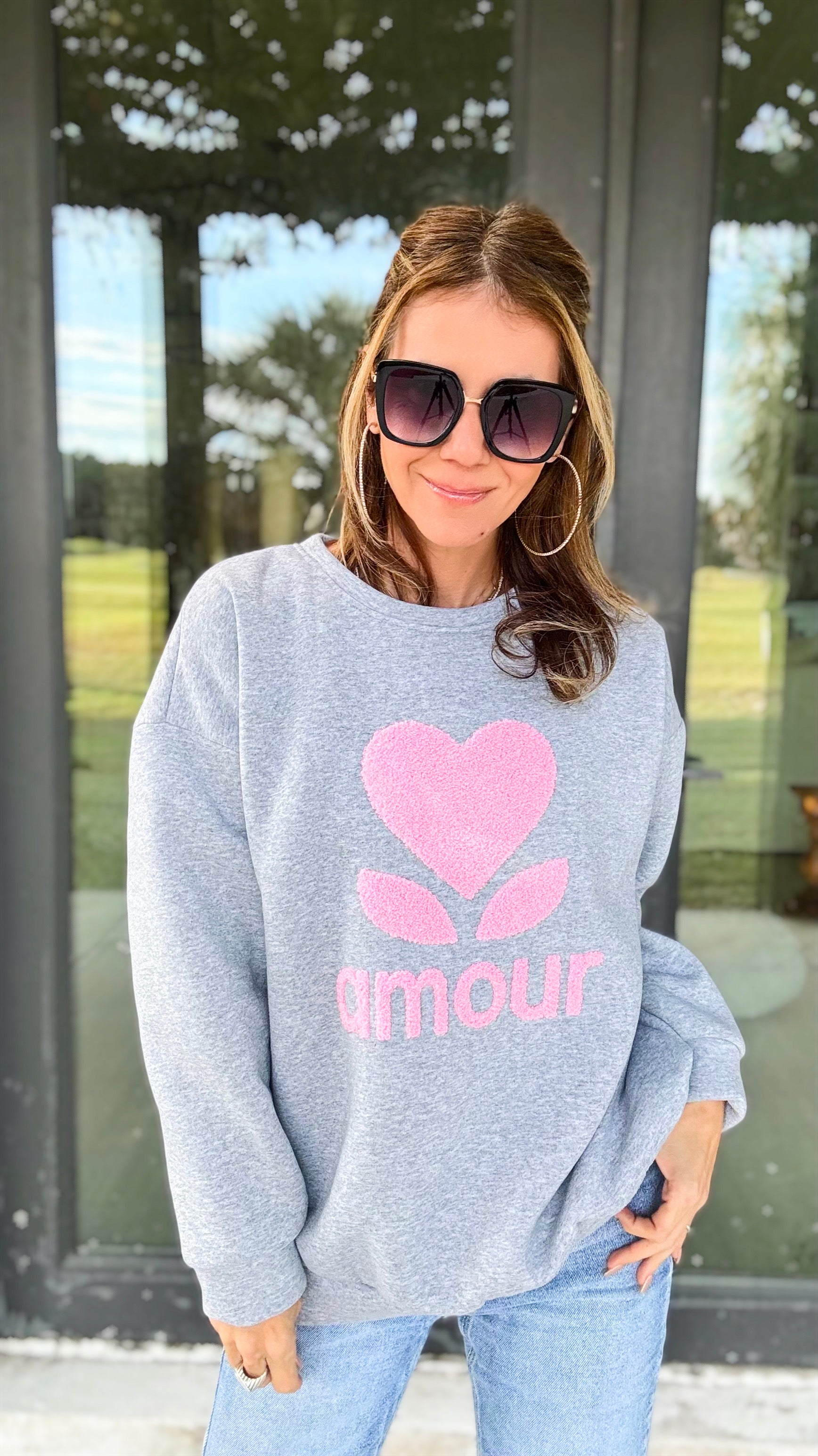 Amour Italian Sweatshirt - Grey/Pink-140 Sweaters-Germany-Coastal Bloom Boutique, find the trendiest versions of the popular styles and looks Located in Indialantic, FL