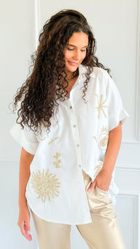 Desert Glow Embroidered Italian Button Top- White-110 short Sleeve Top-TATTOO Z-Coastal Bloom Boutique, find the trendiest versions of the popular styles and looks Located in Indialantic, FL