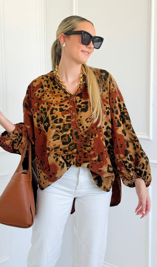 Spiced Leopard Italian Top- Rust