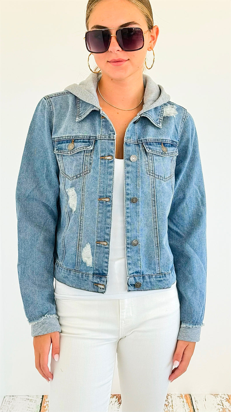 Distressed Hooded Denim Jacket-Grey-160 Jackets-Veracci-Coastal Bloom Boutique, find the trendiest versions of the popular styles and looks Located in Indialantic, FL