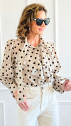 Dot Darling Ruffle Italian Button Down Top-110 Long Sleeve Tops-AZUL MONACO-Coastal Bloom Boutique, find the trendiest versions of the popular styles and looks Located in Indialantic, FL