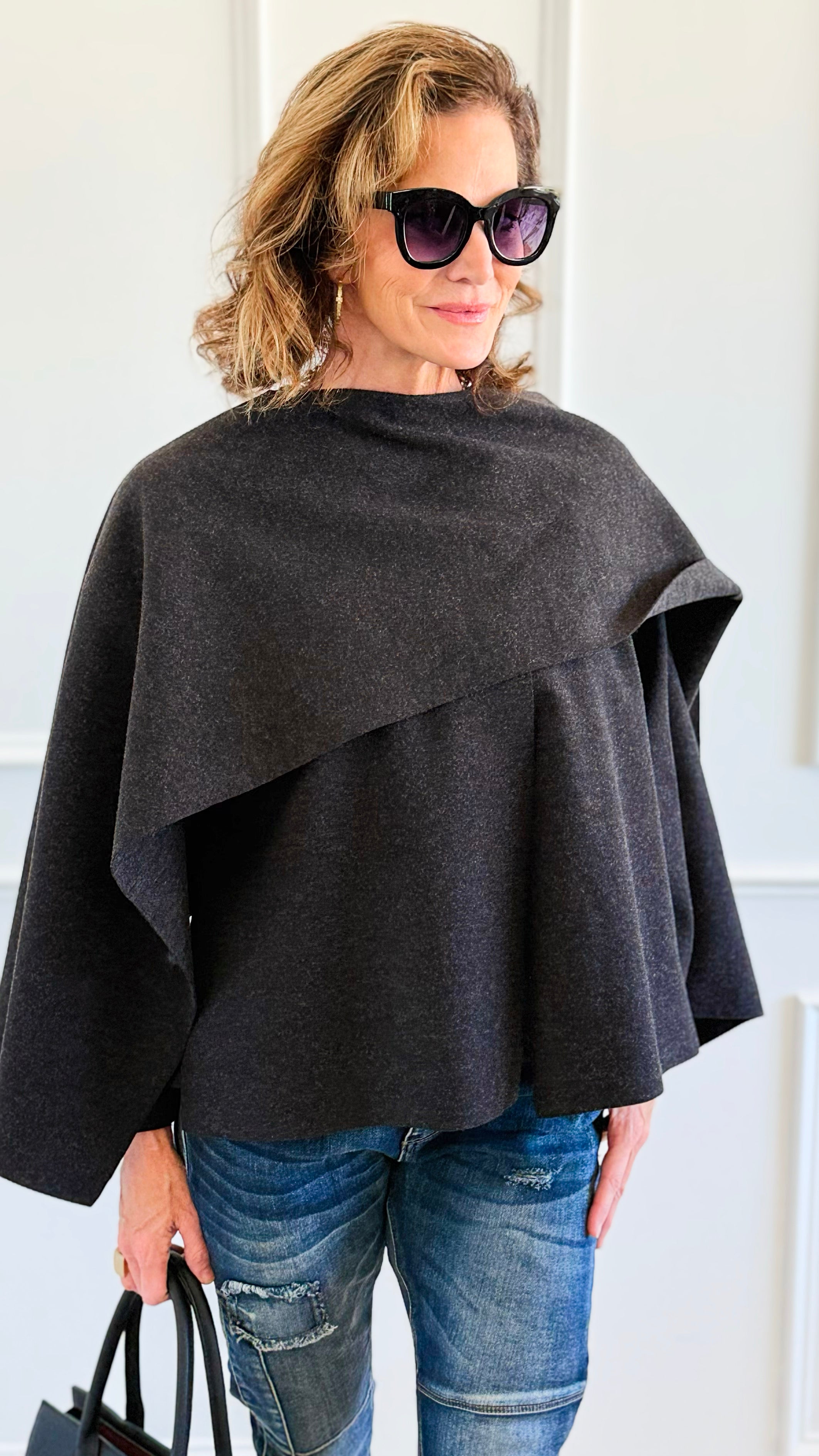 Modern & Elegance Italian Shawl Jacket- Black-150 Cardigans/Layers-SEE YOU IN ROME-Coastal Bloom Boutique, find the trendiest versions of the popular styles and looks Located in Indialantic, FL