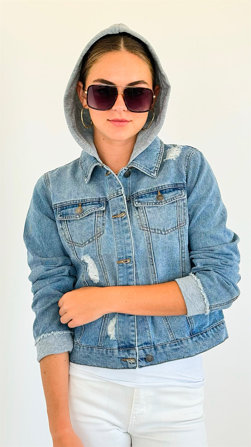 Distressed Hooded Denim Jacket-Grey-160 Jackets-Veracci-Coastal Bloom Boutique, find the trendiest versions of the popular styles and looks Located in Indialantic, FL