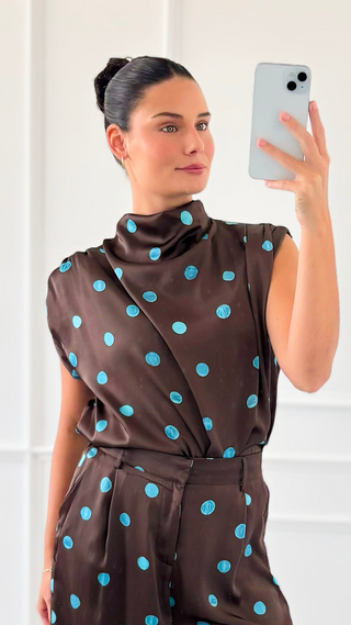 Draped Polka Dot Top - Blue/Brown