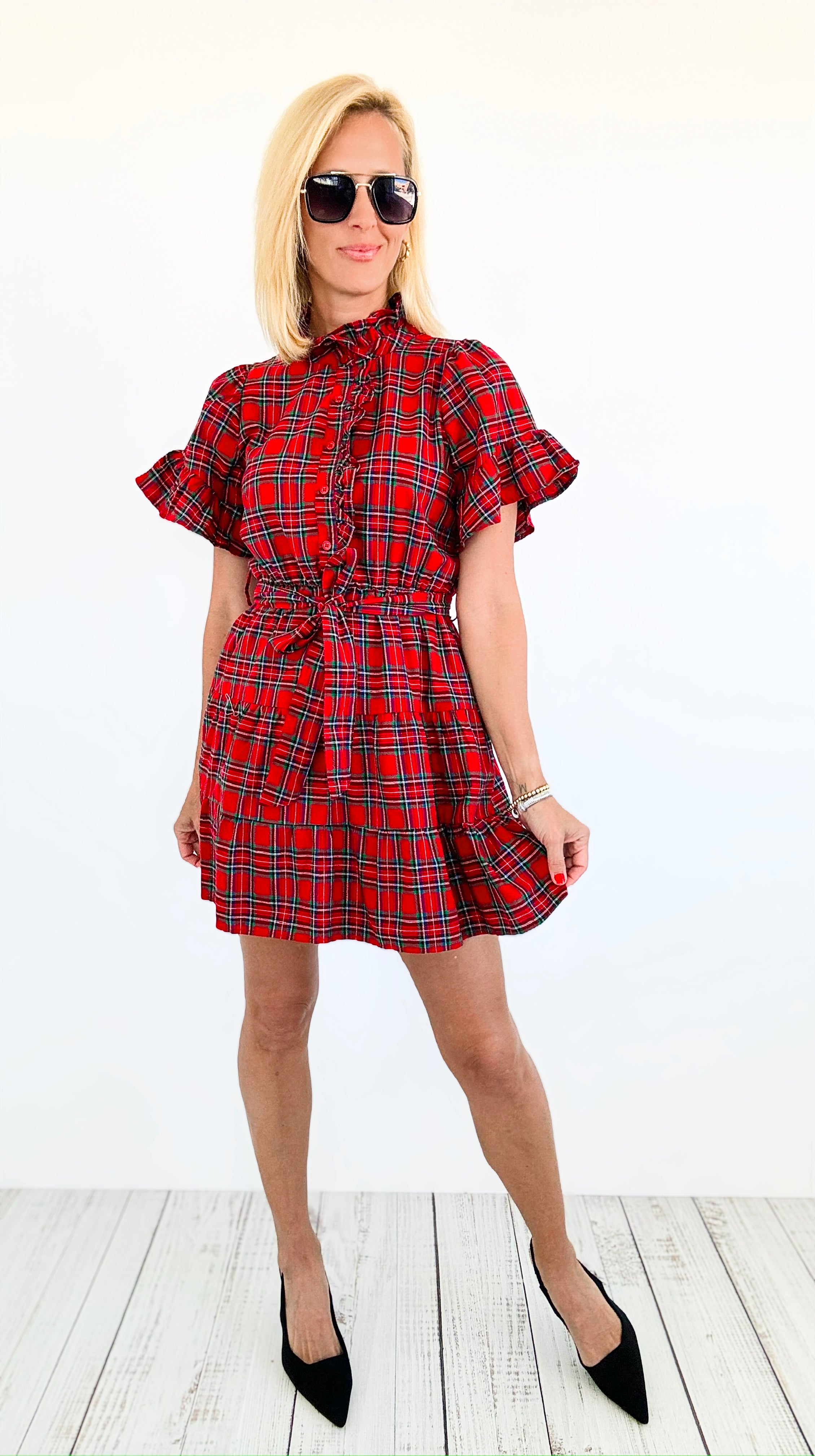 Festive Plaid Flutter Dress-200 dresses/jumpsuits/rompers-SUGARLIPS-Coastal Bloom Boutique, find the trendiest versions of the popular styles and looks Located in Indialantic, FL