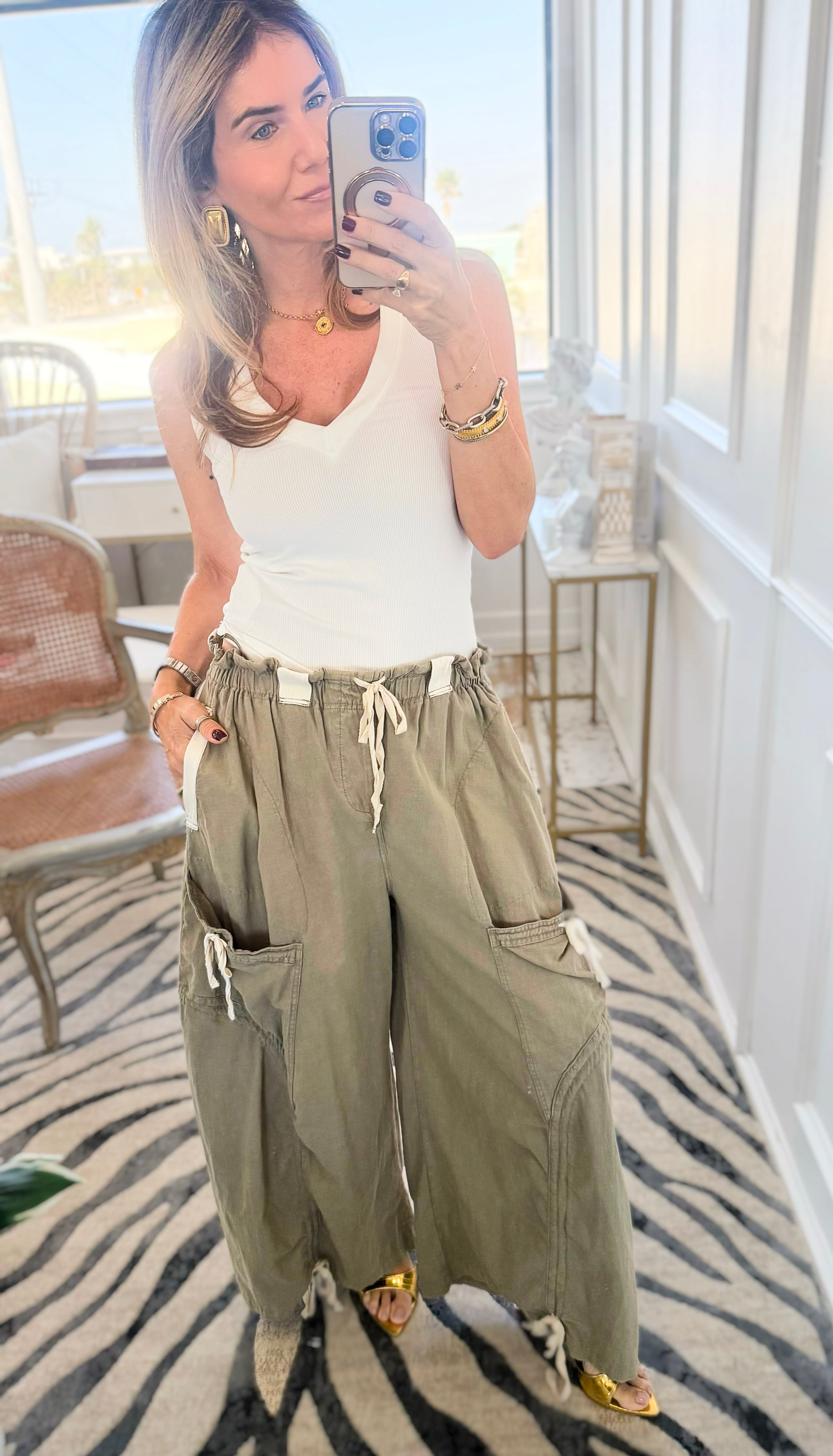 Wide-Leg Drawstring Cotton Pants -Olive