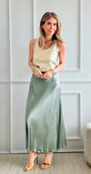 Brooklyn Italian Satin Midi Skirt - Sage-170 Bottoms-Germany-Coastal Bloom Boutique, find the trendiest versions of the popular styles and looks Located in Indialantic, FL