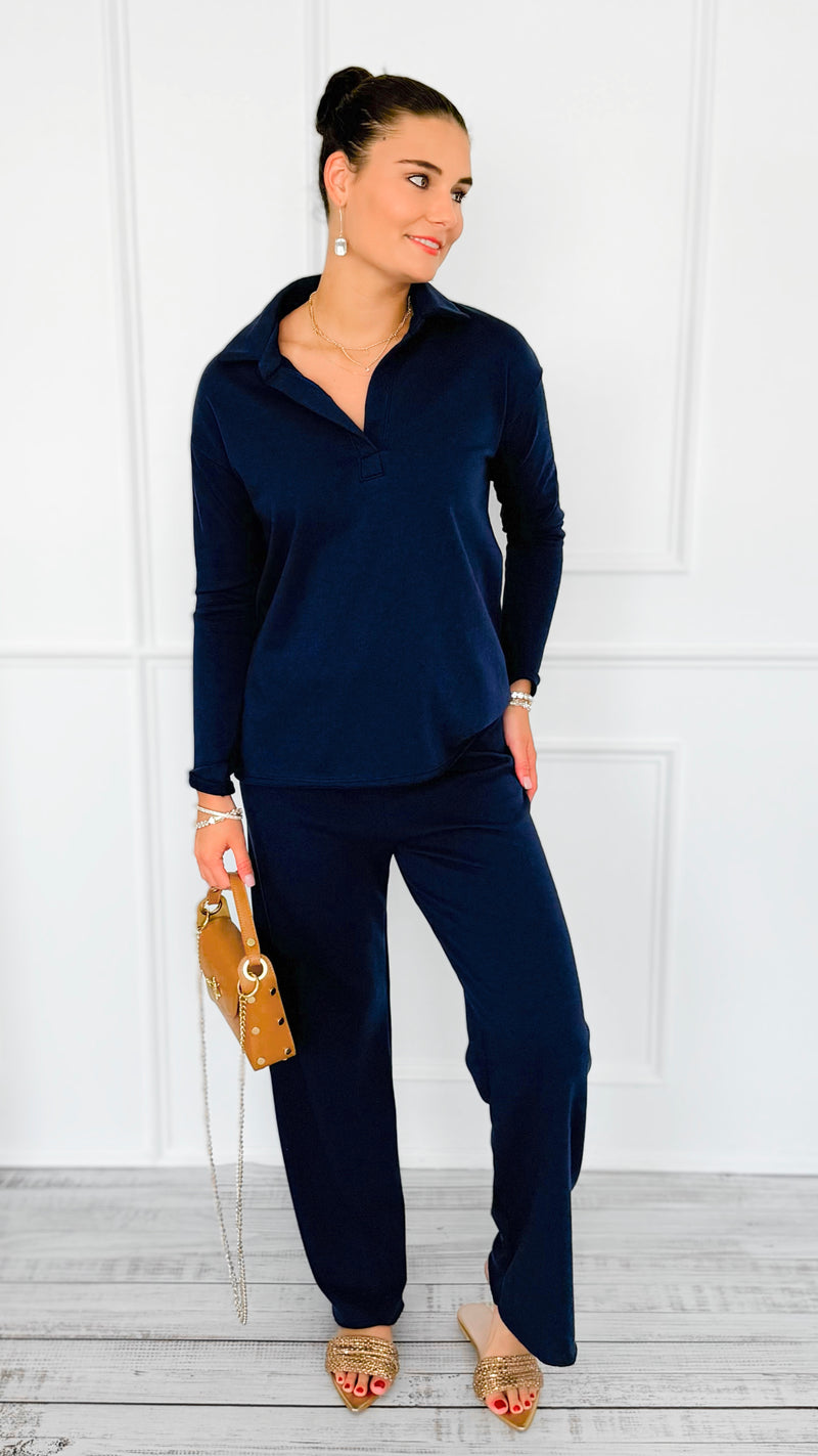 Chic & Cozy Eileen French Terry Pant Set-Dk Navy-210 Loungewear/sets-EC COLLECTION INC-Coastal Bloom Boutique, find the trendiest versions of the popular styles and looks Located in Indialantic, FL