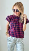 Plaid Flutter Sleeves Blouse - Red + Navy-110 Short Sleeve Tops-day + moon-Coastal Bloom Boutique, find the trendiest versions of the popular styles and looks Located in Indialantic, FL