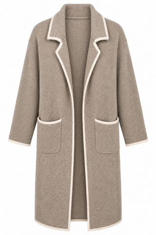 Contrast Trim Longline Knit Coat - Lt Mocha