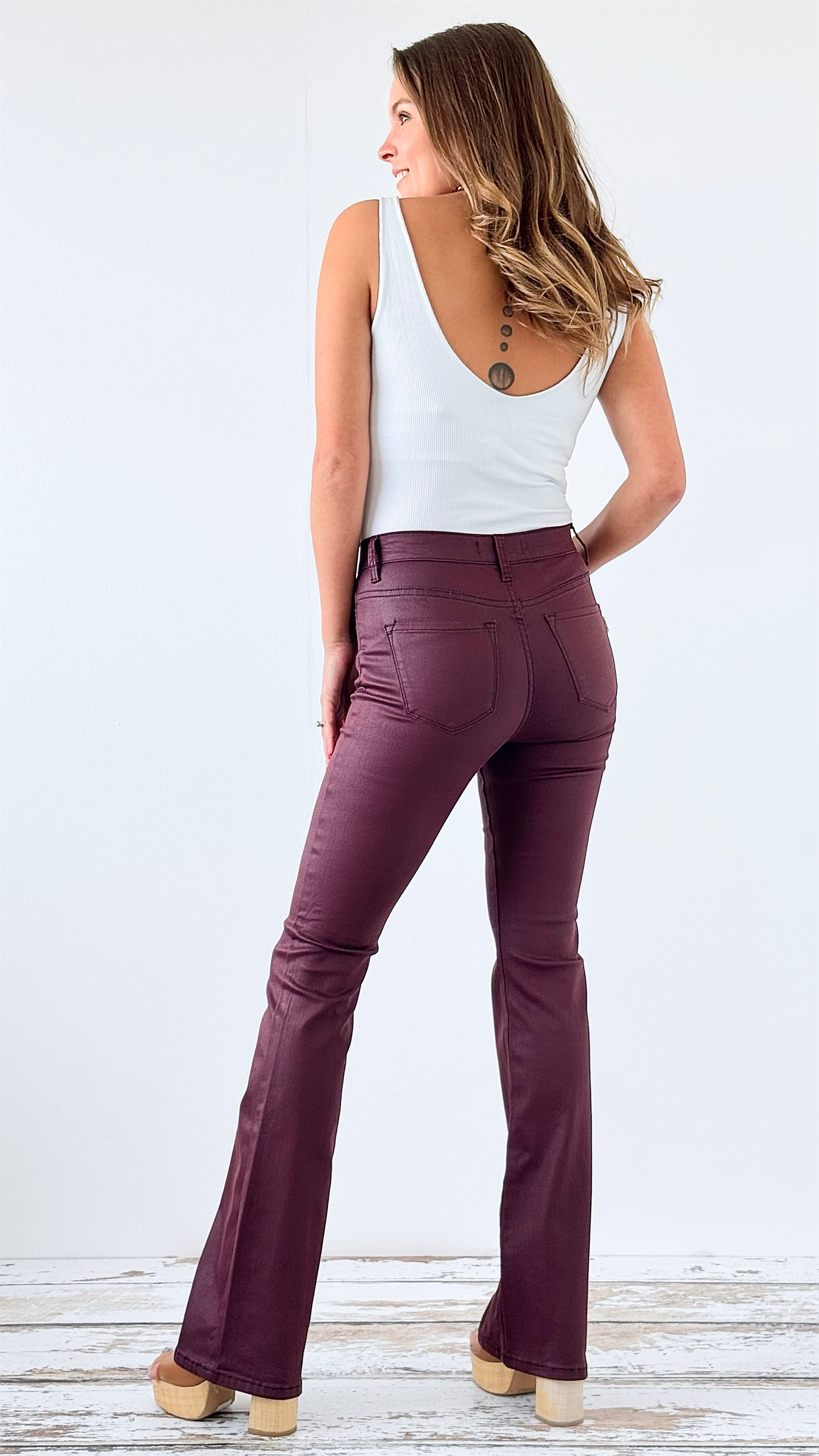 Coated Black Boot Cut Pant - Burgundy-170 Bottoms-Vibrant M.i.U-Coastal Bloom Boutique, find the trendiest versions of the popular styles and looks Located in Indialantic, FL