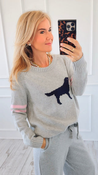 Dog Motif Crew Neck Sweater - Silver