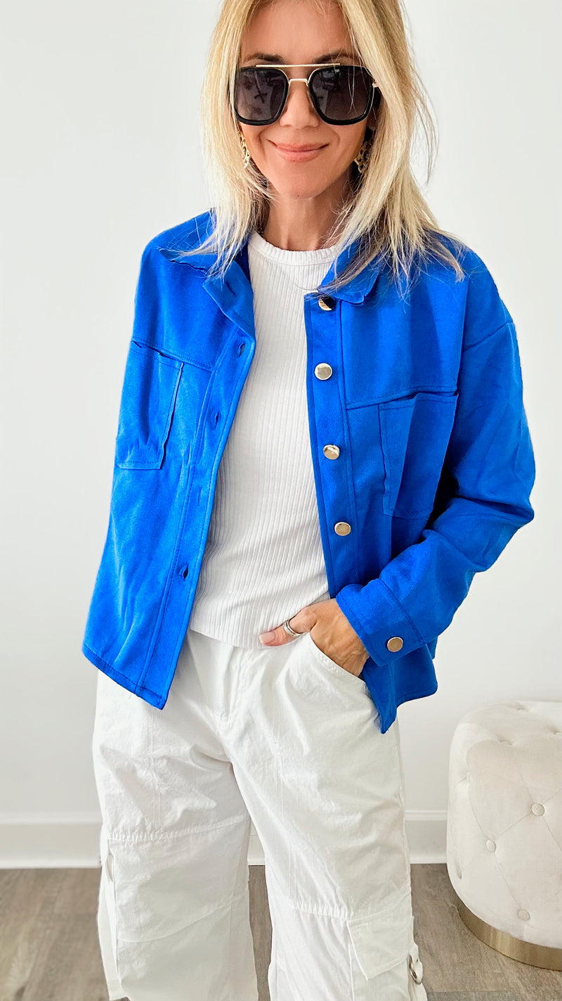 Italian Faux Suede Collared Jacket - Roya Blue-160 Jackets-VENTI6 OUTLET-Coastal Bloom Boutique, find the trendiest versions of the popular styles and looks Located in Indialantic, FL