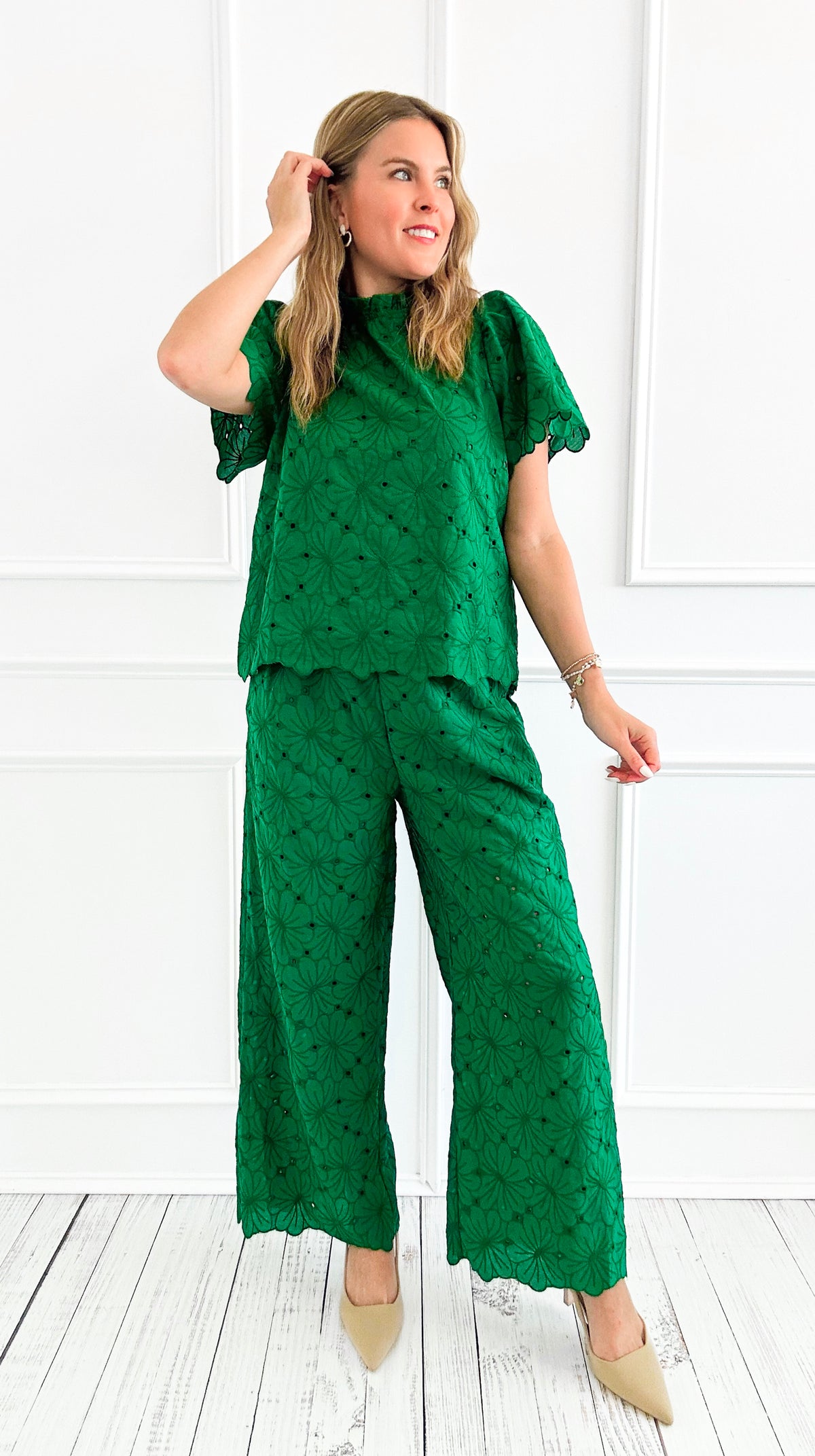 Eyelet Lace Short Sleeve & Pant Set-210 Loungewear/Sets-Fantastic Fawn-Coastal Bloom Boutique, find the trendiest versions of the popular styles and looks Located in Indialantic, FL