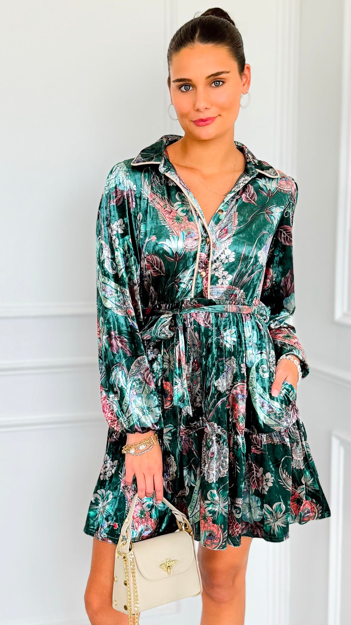Paisley Poem Tiered Velvet Dress-200 Dresses/Jumpsuits/Rompers-JODIFL-Coastal Bloom Boutique, find the trendiest versions of the popular styles and looks Located in Indialantic, FL