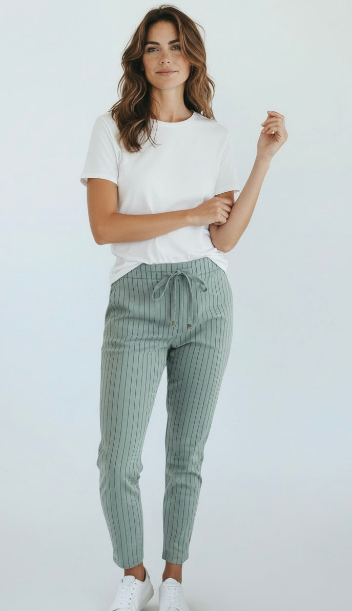 Easy Motion Stripe Italian Jogger- Sage-100 Pants-LY PARIS-Coastal Bloom Boutique, find the trendiest versions of the popular styles and looks Located in Indialantic, FL