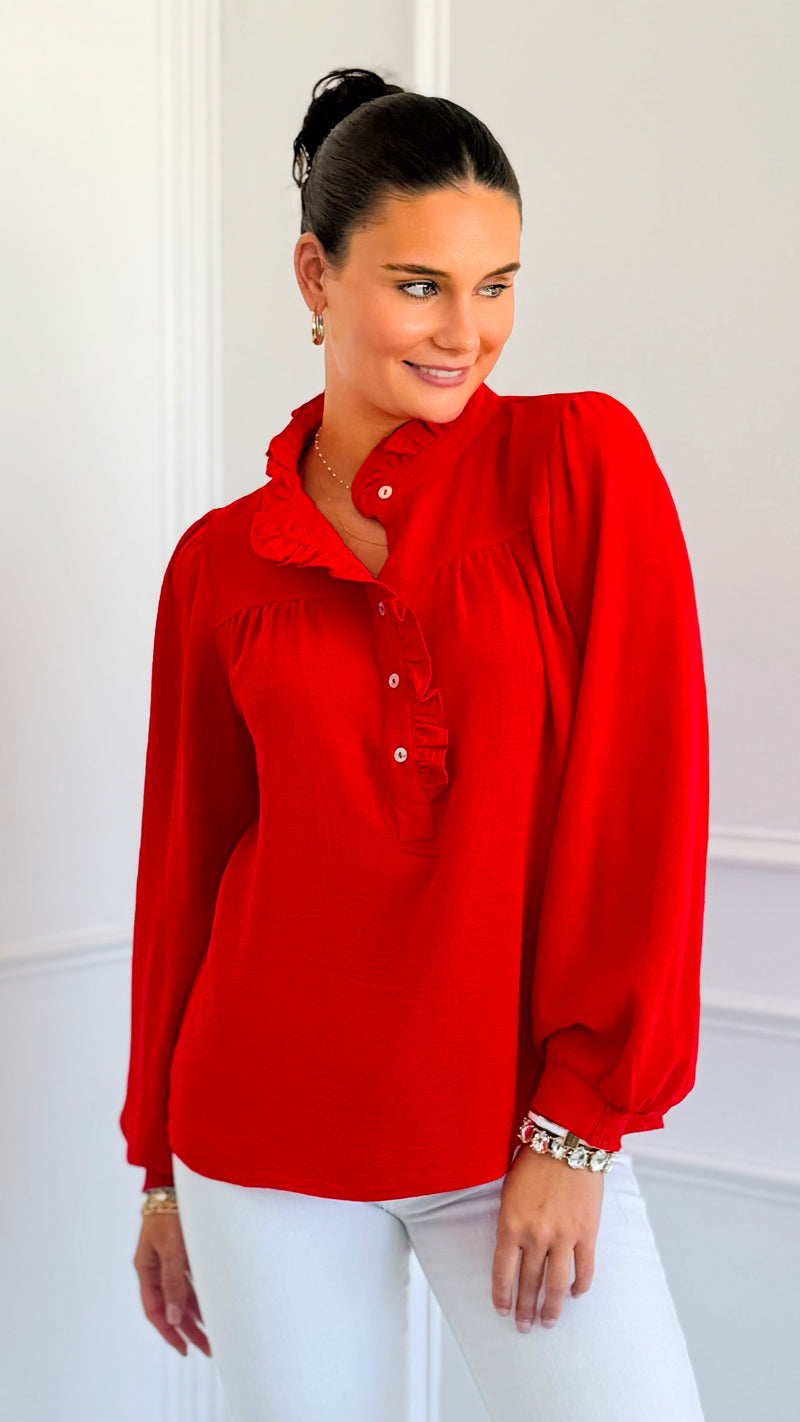 Victorian Muse Ruffle Top - Tomato Red-130 Long Sleeve Tops-JODIFL-Coastal Bloom Boutique, find the trendiest versions of the popular styles and looks Located in Indialantic, FL