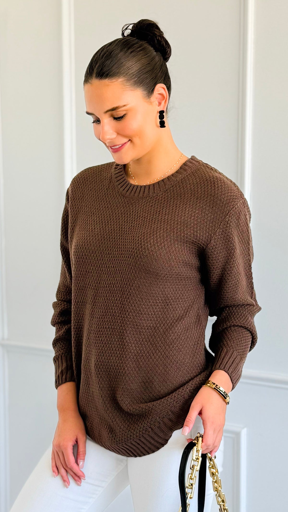 Round Neck Basic Sweater - Brown-140 Sweaters-Zenana-Coastal Bloom Boutique, find the trendiest versions of the popular styles and looks Located in Indialantic, FL
