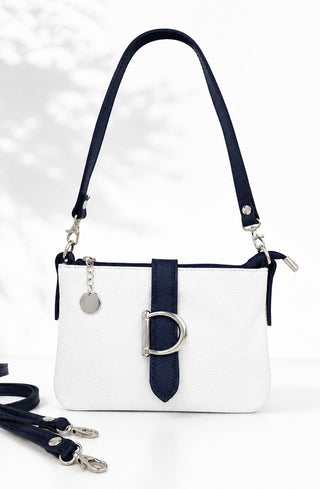 Modern Luxe Italian Leather Buckle Bag- White/Navy