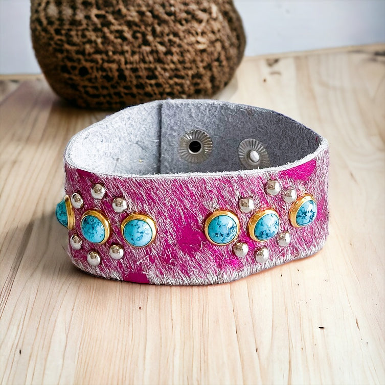 Leather Triple Turquoise Stone Thick Bracelet - Fuchsia-230 Jewelry-Charlie Leather-Coastal Bloom Boutique, find the trendiest versions of the popular styles and looks Located in Indialantic, FL