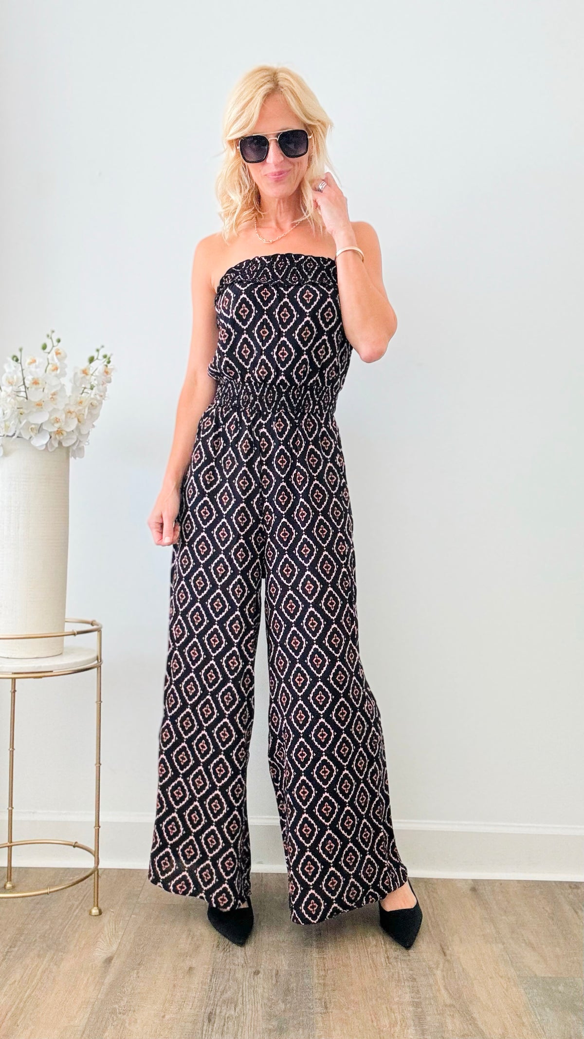 Boho Print Smocked Tube Jumpsuit - Black-200 Dresses/Jumpsuits/Rompers-Rousseau-Coastal Bloom Boutique, find the trendiest versions of the popular styles and looks Located in Indialantic, FL