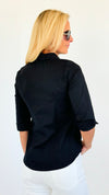 Solid 3/4 Sleeve Stretchy Blouse - Black-110 Short Sleeve Tops-High MJ-MICHEL-Coastal Bloom Boutique, find the trendiest versions of the popular styles and looks Located in Indialantic, FL