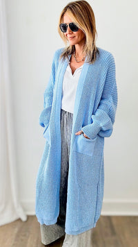 Sugar High Long Italian Cardigan- Dusty Blue-150 Cardigans/Layers-Italianissimo-Coastal Bloom Boutique, find the trendiest versions of the popular styles and looks Located in Indialantic, FL