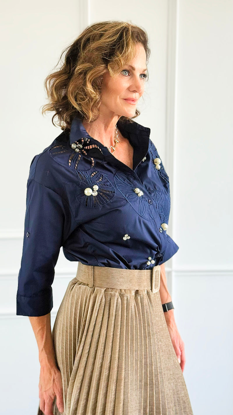 Rhinestone Embroidered Blouse - Navy-130 Long Sleeve Tops-PASTEL DESIGN-Coastal Bloom Boutique, find the trendiest versions of the popular styles and looks Located in Indialantic, FL