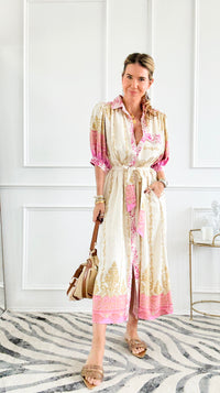 Baroque Border Belted Midi Dress