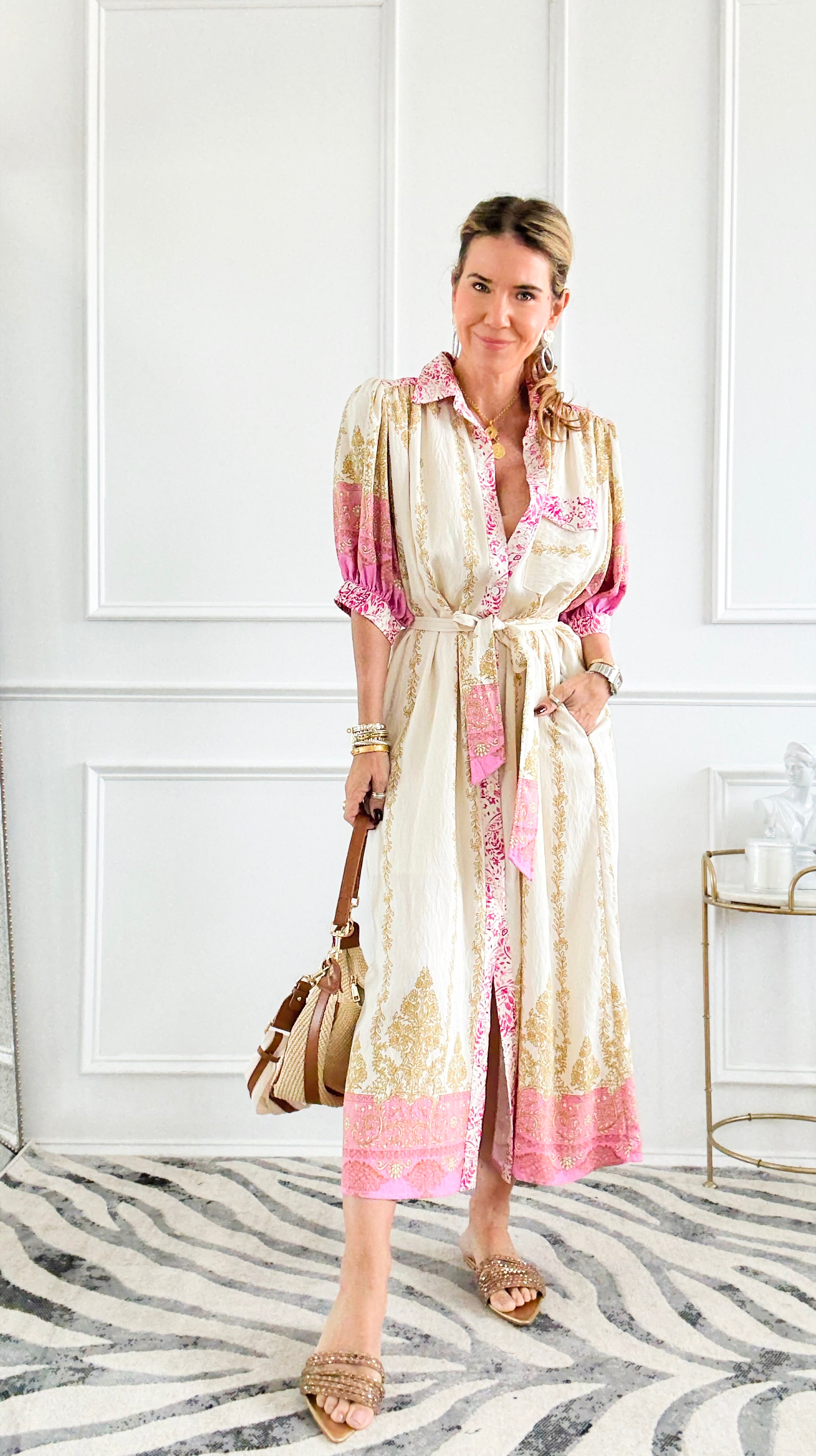 Baroque Border Belted Midi Dress