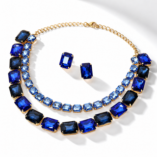 Emerald Cut Stone Layered Necklace Set - Sapphire