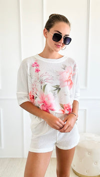 Textured Floral Print Lounge Wear Set-210 Loungewear/Sets-Phil Love-Coastal Bloom Boutique, find the trendiest versions of the popular styles and looks Located in Indialantic, FL