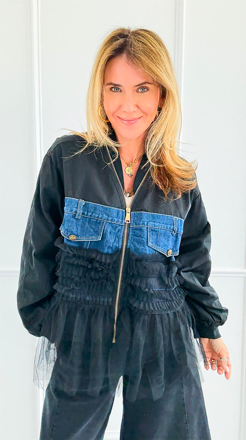 Tulle & Denim Italian Zip Jacket-160 Jackets-MAY MODA-Coastal Bloom Boutique, find the trendiest versions of the popular styles and looks Located in Indialantic, FL