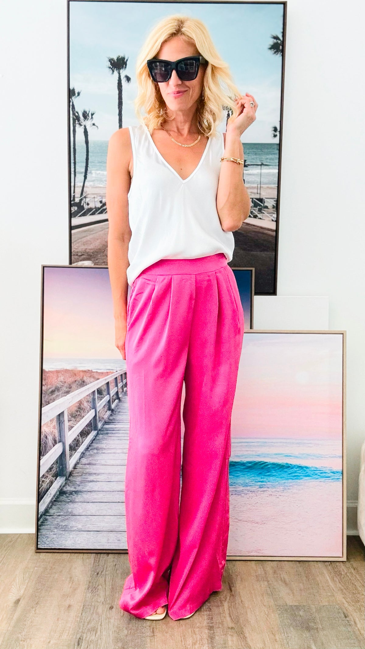 Pocket Pintucks Pant - Hot Pink-170 Bottoms-EESOME-Coastal Bloom Boutique, find the trendiest versions of the popular styles and looks Located in Indialantic, FL