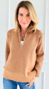 Ribbed Knit Half-Zip Sweater - Camel-140 Sweaters-English Factory-Coastal Bloom Boutique, find the trendiest versions of the popular styles and looks Located in Indialantic, FL