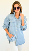 Smiley Print Denim Shirt-130 Long Sleeve Tops-Rousseau-Coastal Bloom Boutique, find the trendiest versions of the popular styles and looks Located in Indialantic, FL