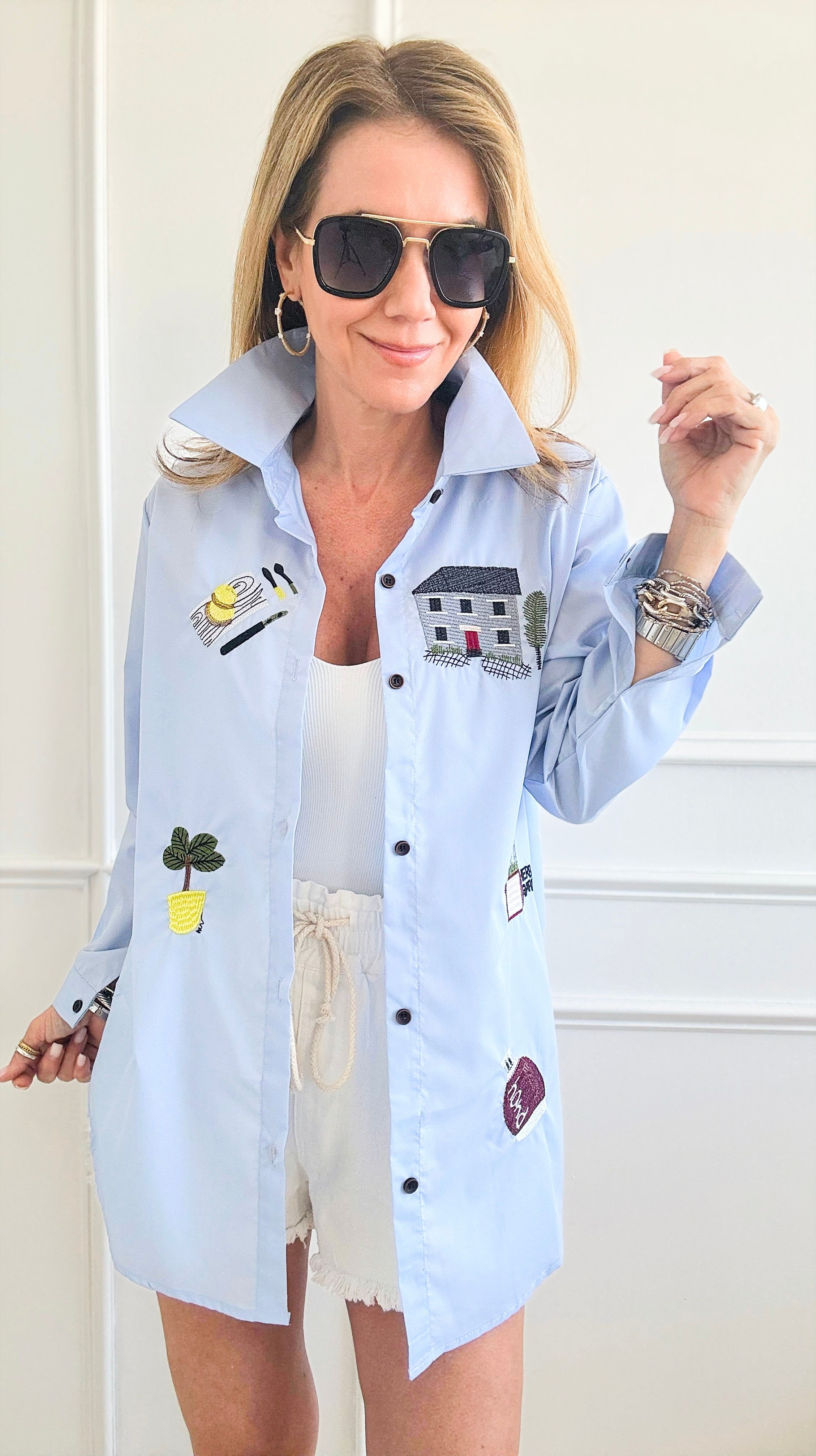 Embroidered Long Classic Shirt - Blue-130 Long Sleeve Tops-Chasing Bandits-Coastal Bloom Boutique, find the trendiest versions of the popular styles and looks Located in Indialantic, FL